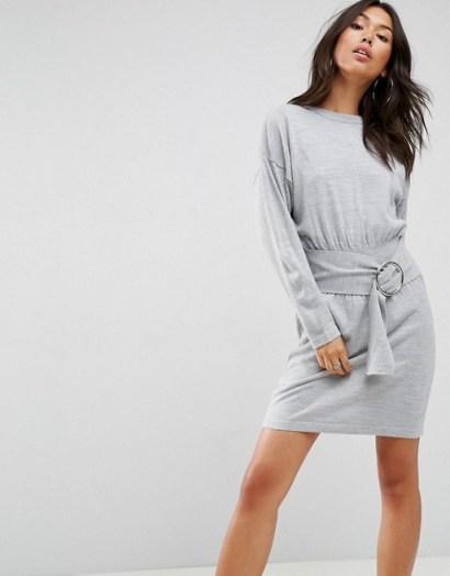 ASOS Knitted Dress With Batwing And Ring Detail | grey belted sweater dresses - flipped