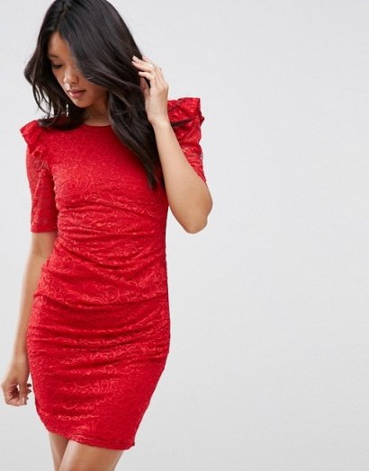 ASOS Lace V Back Mini Dress With Shoulder Ruffle ~ red dresses - flipped