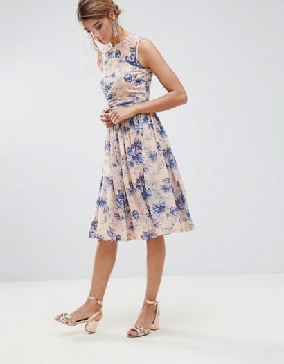 ASOS PREMIUM Midi Dress With Ruched Panel Detail in Pretty Floral Print – summer occasion dresses – wedding guest outfit – garden parties - flipped