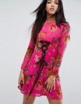 ASOS Pretty Floral Tea Dress with Lace Up Detail ~ pink flower print dresses