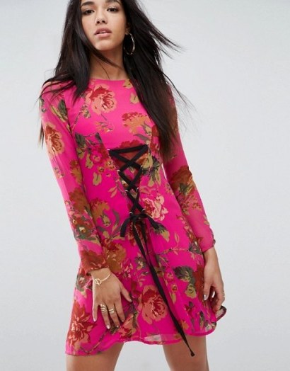 ASOS Pretty Floral Tea Dress with Lace Up Detail ~ pink flower print dresses - flipped