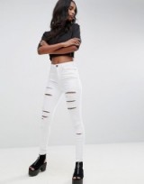 ASOS RIDLEY High Waist Skinny Jeans in Optic White with Shredded Rips