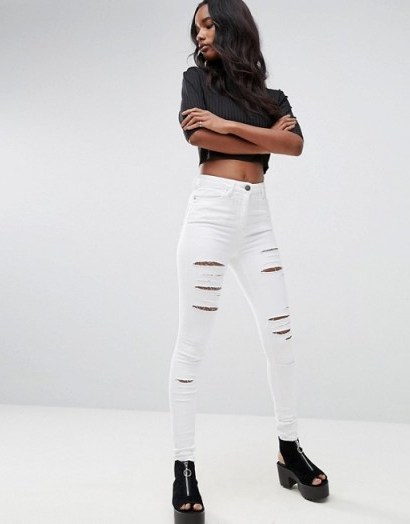 ASOS RIDLEY High Waist Skinny Jeans in Optic White with Shredded Rips - flipped