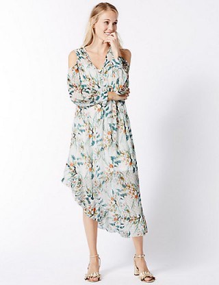 M&S COLLECTION Asymmetrical Hem Cold Shoulder Midi Dress / Marks and Spencer dresses - flipped
