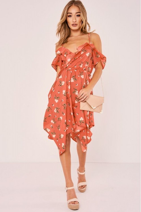 IN THE STYLE AYLIN PINK FLORAL COLD SHOULDER WRAP FRONT DRESS - flipped