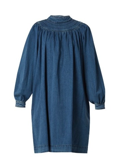 CHLOÉ Balloon-sleeved gathered denim dress | indigo-blue oversized dresses - flipped