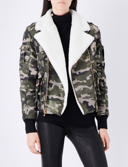 BALMAIN Camouflage shearling drill bomber jacket ~ khaki camo print jackets ~ winter coats - flipped