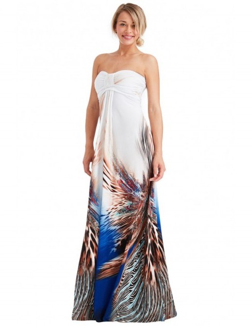 GODDIVA Bandeau Printed Maxi Dress – Peacock - flipped