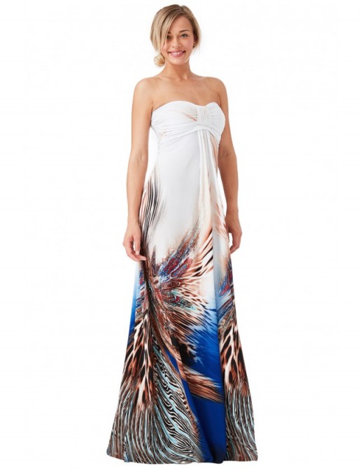 GODDIVA Bandeau Printed Maxi Dress – Peacock