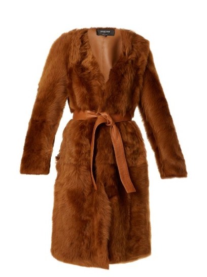 ROCHAS Belted collarless shearling coat ~ brown fur coats ~ winter outerwear - flipped