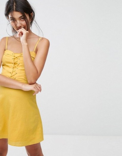 Bershka Lattice Front Dress – yellow strappy summer dresses - flipped