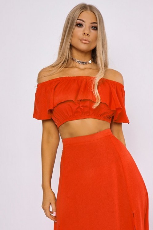 BILLIE FAIERS RED FRILL CROP TOP – celebrity off the shoulder tops - flipped