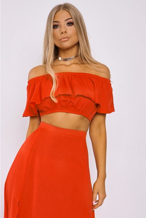 BILLIE FAIERS RED FRILL CROP TOP – celebrity off the shoulder tops