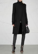 BALMAIN Black button-embellished wool coat – asymmetric front winter coats