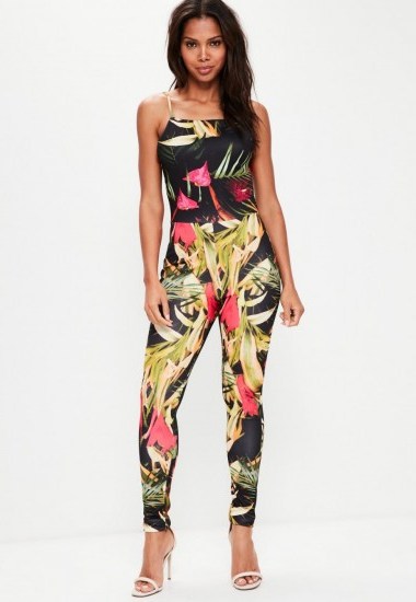 Missguided black crepe low back printed unitard jumpsuit | fitted jumpsuits | unitards - flipped