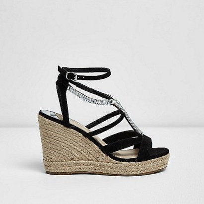 River Island Black diamante embellished espadrille wedges – strappy summer high heels - flipped