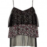 River Island Black dobby mesh floral frill cami top | tiered camisoles