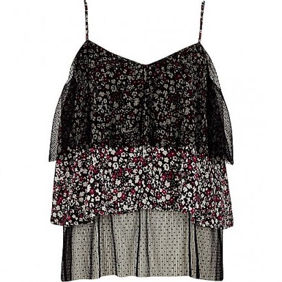 River Island Black dobby mesh floral frill cami top | tiered camisoles - flipped