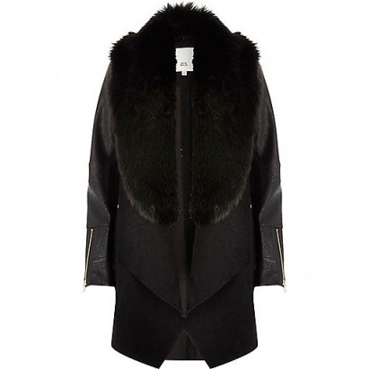 RIVER ISLAND Black faux fur trim fallaway coat ~ winter coats - flipped