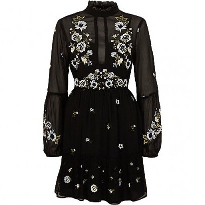 River Island Black high neck floral embroidered dress - flipped