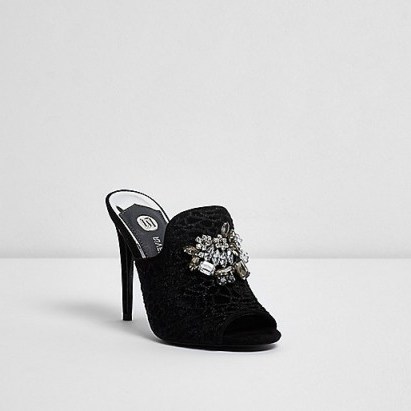 River Island Black jewel embellished mules ~ jewelled high heeled shoes ~ party heels - flipped