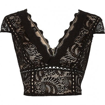RIVER ISLAND Black lace cap sleeve V neck crop top - flipped
