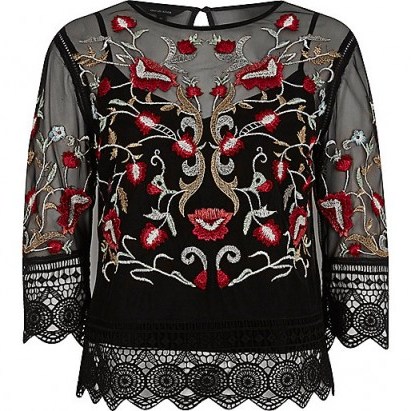River Island Black mesh floral embroidered lace trim top - flipped