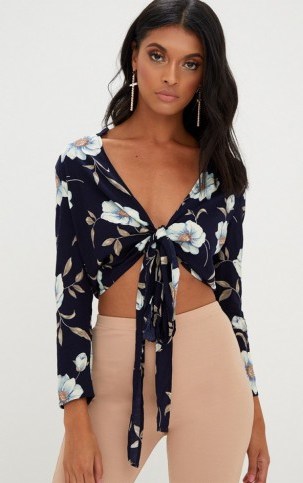PRETTY LITTLE THING BLANCHE NAVY FLORAL PRINT TIE FRONT SHIRT - flipped