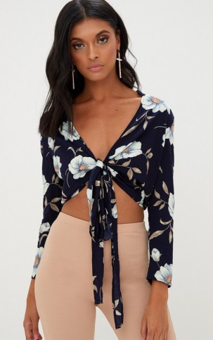 PRETTY LITTLE THING BLANCHE NAVY FLORAL PRINT TIE FRONT SHIRT