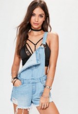 MISSGUIDED blue busted hem dungarees shorts | cut-off overalls