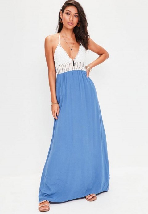 Missguided blue crochet maxi dress – long summer dresses – halter neck fashion - flipped