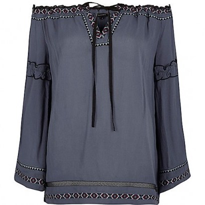 River Island Blue embroidered bardot smock top - flipped