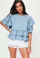 MISSGUIDED blue frill sleeve denim top