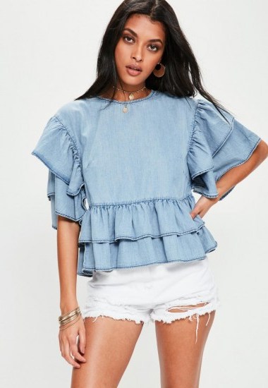 MISSGUIDED blue frill sleeve denim top - flipped