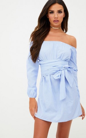 pretty little thing BLUE PINSTRIPE BARDOT TIE WAIST SHIFT DRESS – off the shoulder dresses – summer fashion