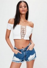 MISSGUIDED blue sinner high waisted busted hem shorts