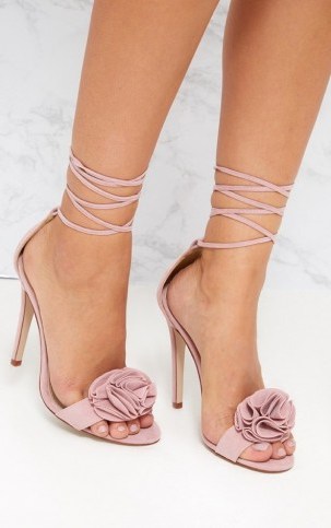 PRETTYLITTLETHING BLUSH RUFFLE DETAIL LACE UP HEELS ~ strappy pink party shoes ~ pretty little thing - flipped