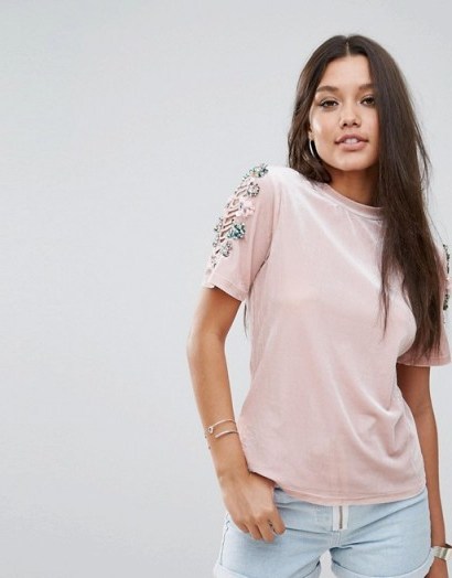 Boohoo Embellished Sleeve T-Shirt ~ pink t-shirts - flipped