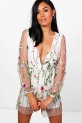 boohoo Boutique Jane Embroidered Playsuit ~ floral semi sheer playsuits ~ party fashion