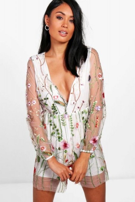 boohoo Boutique Jane Embroidered Playsuit ~ floral semi sheer playsuits ~ party fashion - flipped