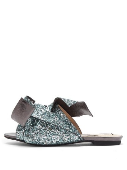 NO. 21 Bow-front glittered-leather slides | green glitter flats - flipped