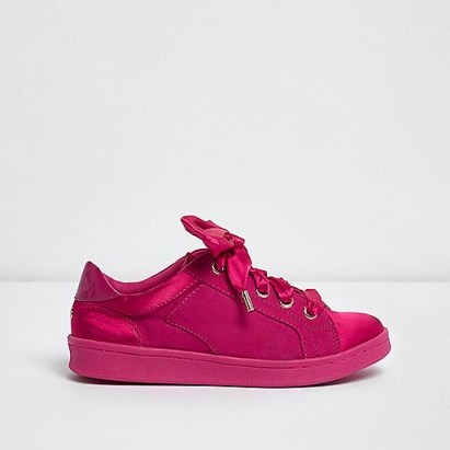 RIVER ISLAND Bright pink ribbon lace-up trainers - flipped