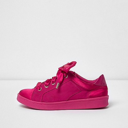 RIVER ISLAND Bright pink ribbon lace-up trainers