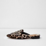 Brown leopard embellished backless loafers – glamorous flat shoes – animal print flats