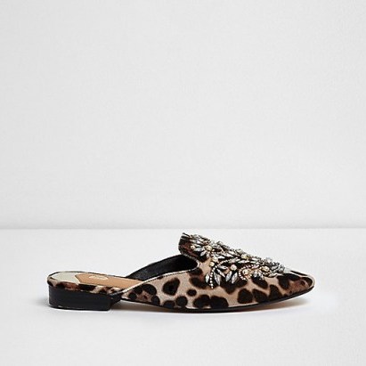 Brown leopard embellished backless loafers – glamorous flat shoes – animal print flats - flipped