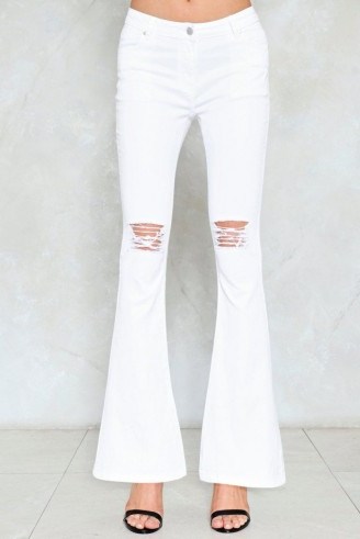 NASTY GAL By Flare Means or Foul Distressed Jeans ~ WHITE DENIM FLARES - flipped