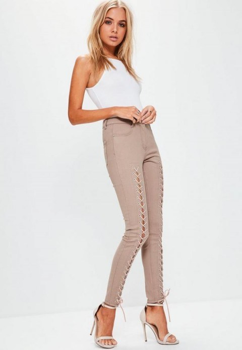 MISSGUIDED camel hustler mid rise lace up super skinny jeans - flipped