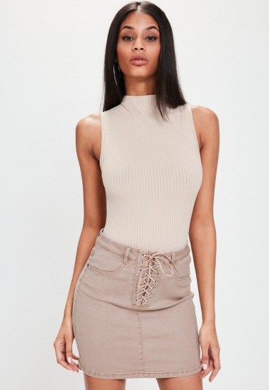 MISSGUIDED camel lace up stretch denim mini skirt - flipped