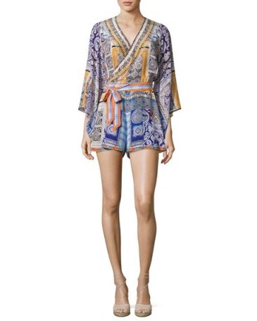 Camilla Belted Kimono-Sleeve Silk Playsuit ~ printed playsuits ~ mixed prints - flipped