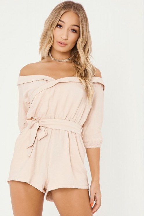 CHARLOTTE CROSBY STONE WRAP FRONT BARDOT PLAYSUIT – off the shoulder playsuits – celebrity fashion - flipped